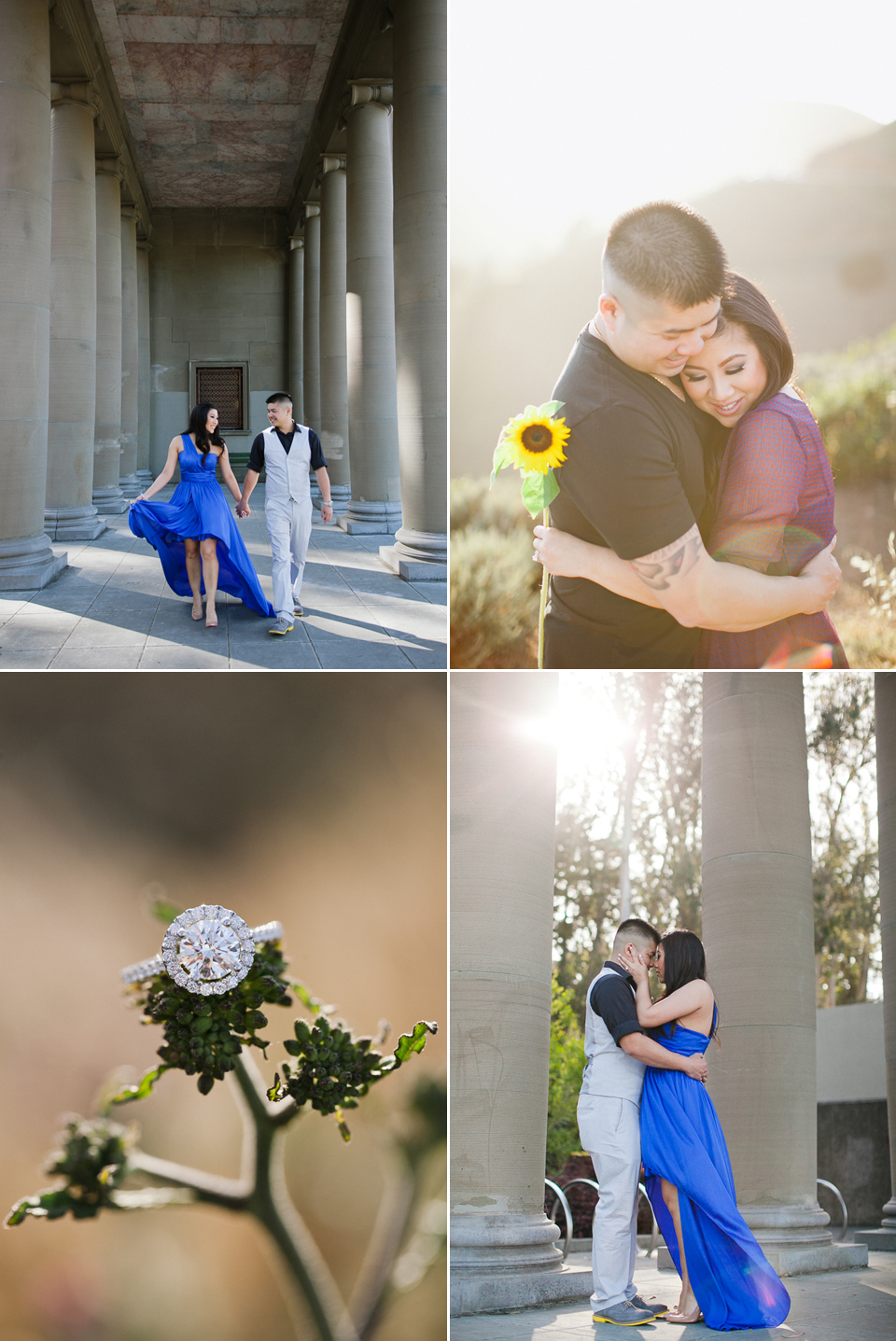 stylish couple, spreckels temple of music, marin headlands, golden light, engagement ring, hi-low dress, sunflower, intimate engagement couple