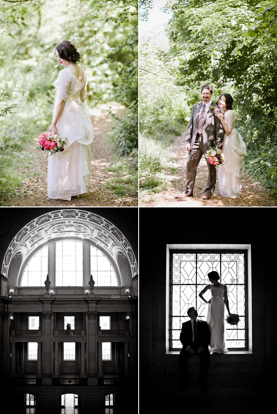 vintage wedding, san francisco civil ceremony, bride and groom photos in golden gate park, creative city hall photos, silhouettes, untraditional bouquet, coral peonies bouquet, laura miller design florals, dappled lighting