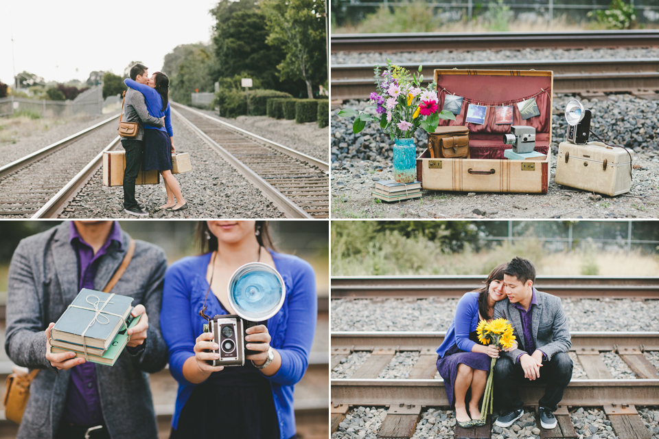 vintage train station engagement, vintage travel themed engagement, vintage luggages, vintage cameras, bay area vintage engagement session