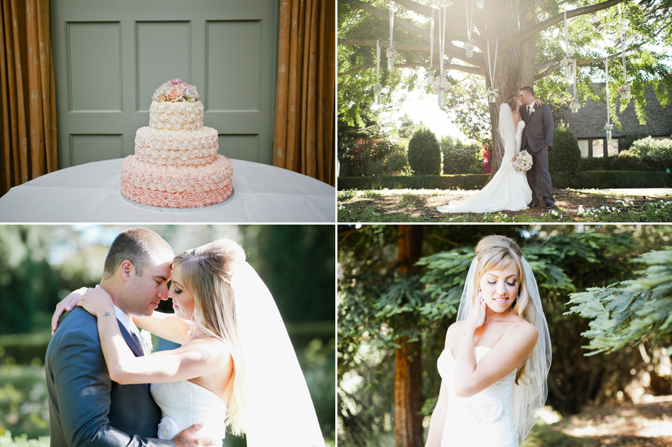 ombre wedding cake, hanging vases from tree, wedding couple, claremont country club wedding, oakland wedding, gorgeous bride, golden light