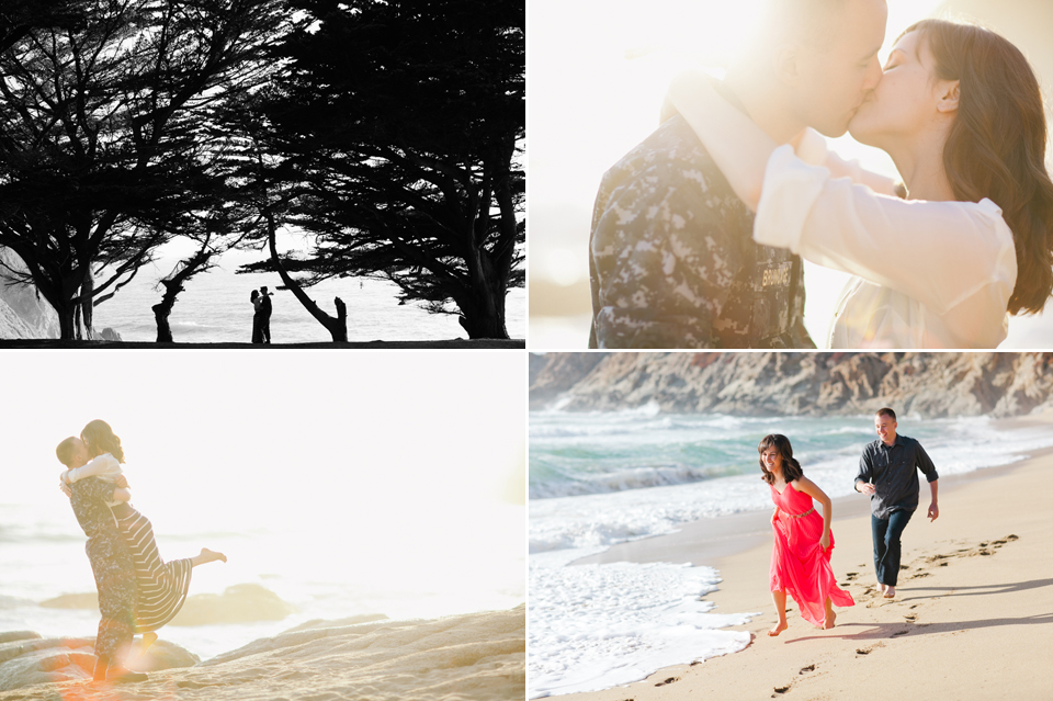 grey whale cove engagement session, romantic engagement session, creative engagement session, playful fun engagement, navy soldier engagement, golden light, couple running through sand