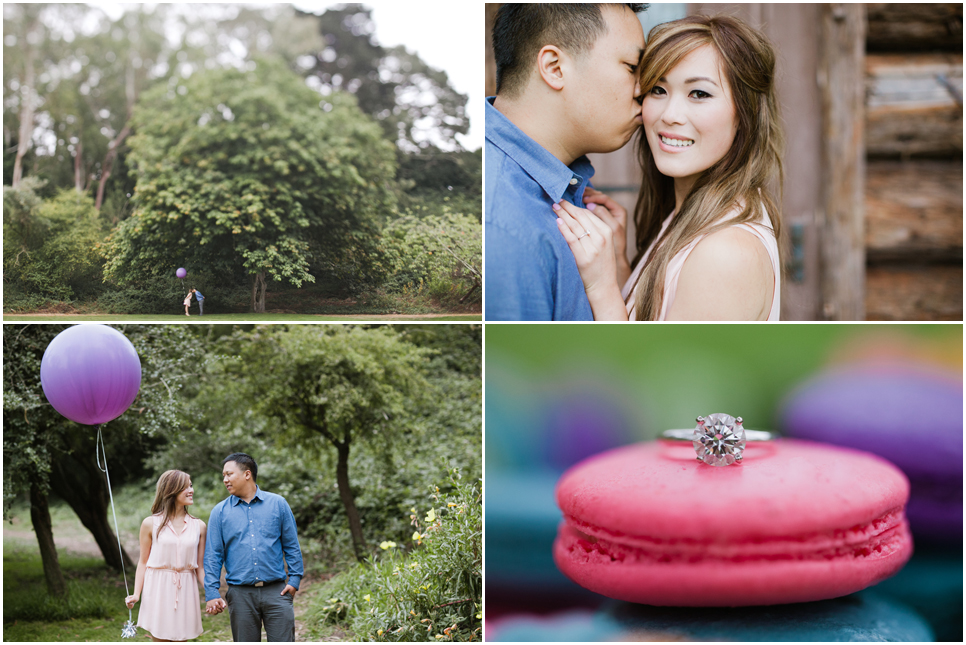 macaroon engagement, ring, weather balloon, purple balloons, creative engagement photos, negative space, pretty couple