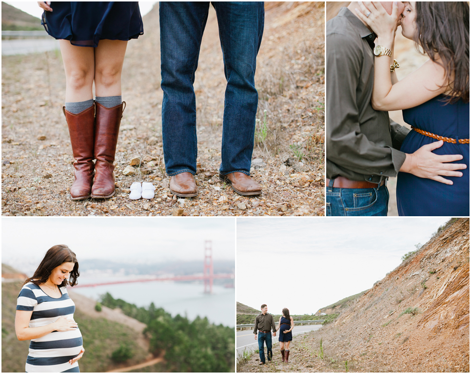 marin headlands maternity session, pregnancy photography, pregnant photos, creative maternity photos, golden gate bridge maternity, maternity shoe shot, maternity kiss, husband and wife