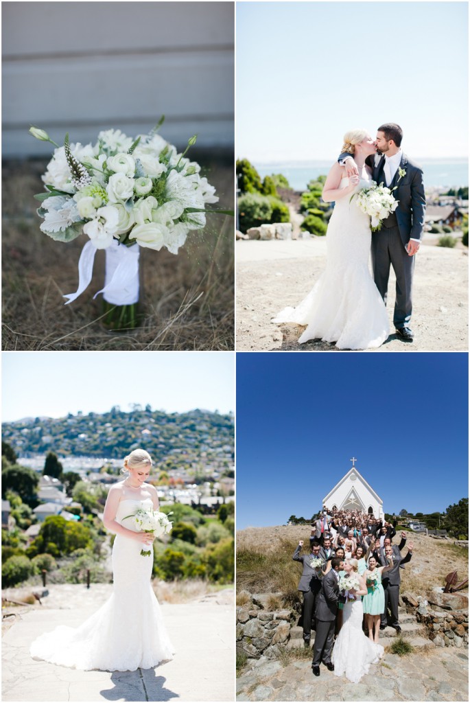 old st. hilary church wedding, tiburon wedding, all guest in one photo wedding, marin wedding, north bay wedding, jill and armon, wedding bouquet, city view backdrop, san francisco bay area wedding