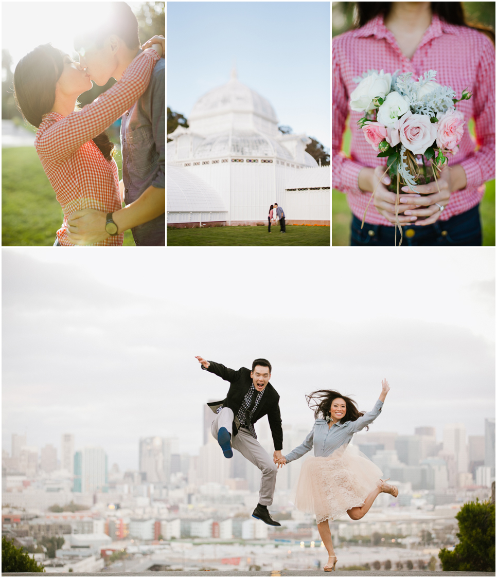 san francisco engagement photographer, golden gate park engagement, potrero hill engagement, san francisco city view, jumping shot, rustic florals, romantic kiss, creative negative space photos, conservatory of flowers engagement, proposal