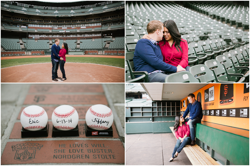 san francisco giants baseball, san francisco giants stadium engagement session, at&T park stadium, engagement session inside at&T park, standing on home base, empty bleachers, couple in dugout, giants brick, intimate baseball engagement, baseball engagement