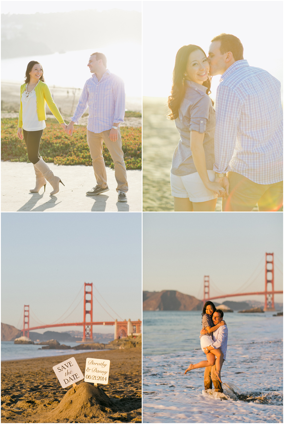 San francisco engagement photographer, beach engagement, baker beach, golden light, couple playing in water, save the dates
