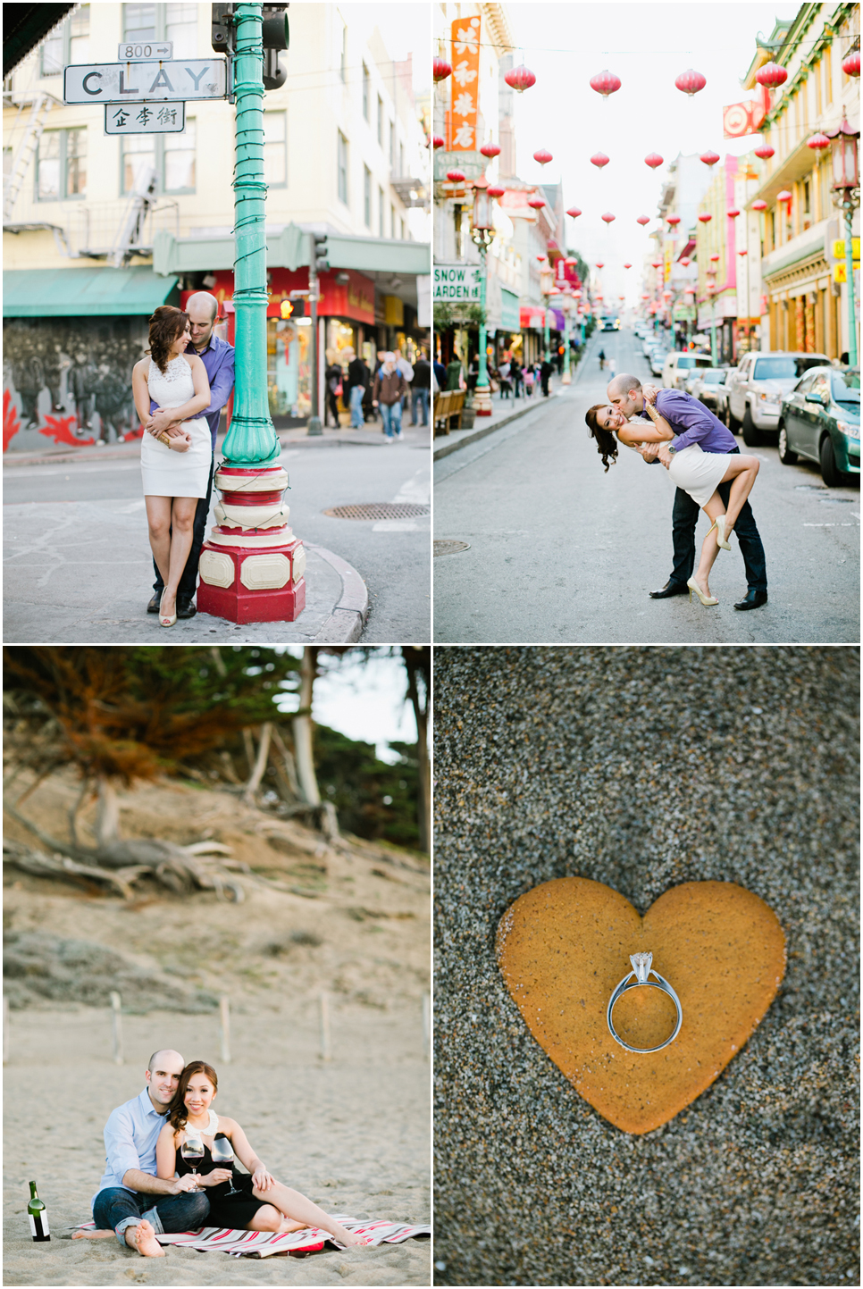 san francisco chinatown engagement session, clay street post, in the middle of the street, chinese lanterns, baker beach, wine and picnic, cookies from sweden, engagement ring