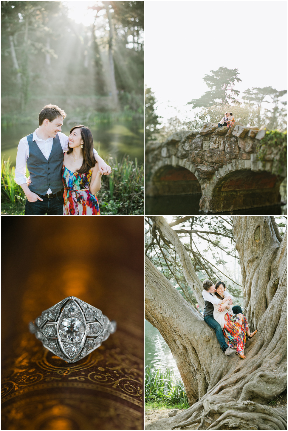 stow lake golden gate park engagement session, art deco engagement ring, creative engagement photos, twilight lighting, wicked tree, stow lake bridge, stone bridge engagement