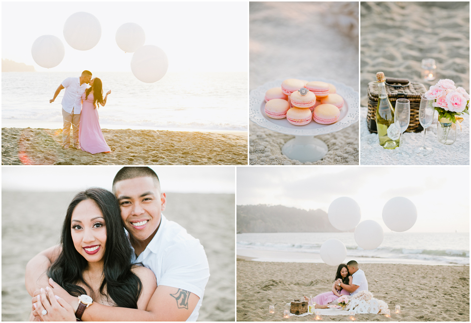 san francisco engagement session, whimiscal engagement session, weather balloons, macaroons, engagement ring, picnic beach engagement, golden light engagement, baker beach, san francisco wedding photographer, bay are wedding photography, engagement photographer, jasmine lee photography