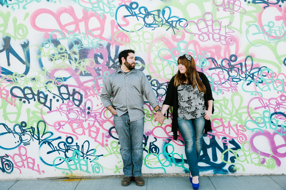 san francisco engagement session, san francisco engagement photographer, bay area wedding photographer, golden light, california wedding photography, jasmine lee photography, graffiti wall engagement, artwork, urban engagement, pier 7 engagement