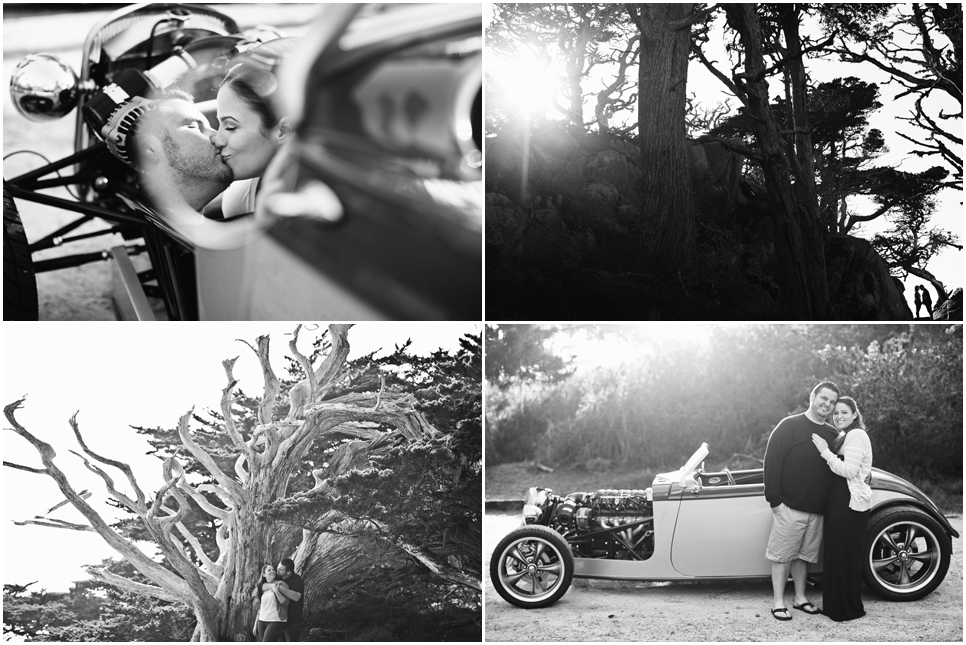 carmel engagement photographer, monterey wedding photography, carmel wedding photographer, Point lobos park, vintage car, diy car, wicked tree, creative black and white images, negative space images, black and white, golden light, jasmine lee photography
