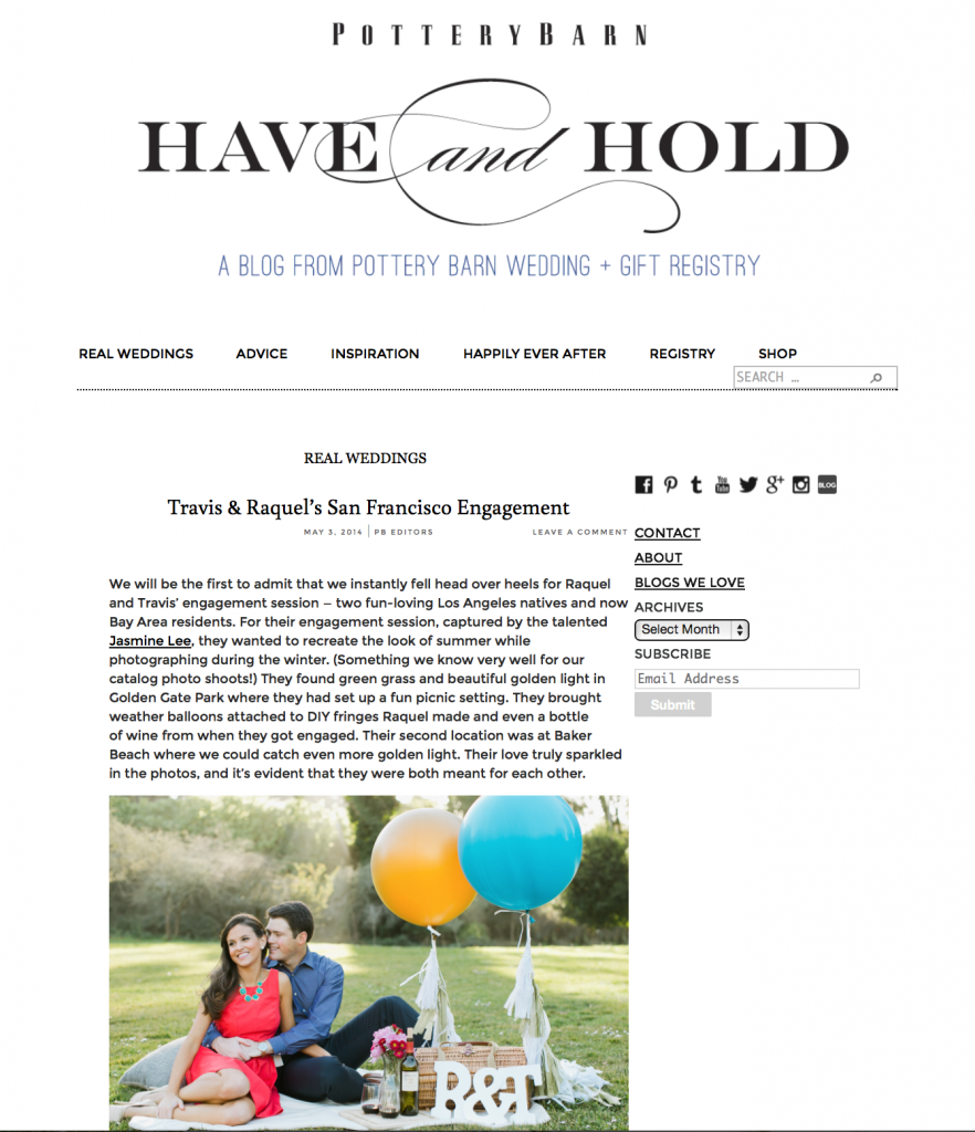 pottery barn feature, have and hold wedding blog, jasmine lee photography, raquel and travis