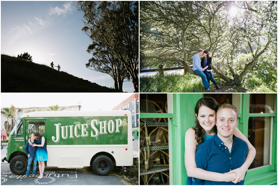 san francisco bernal heights engagement session, hayes valley engagement, colorful engagement photos, destination engagement photos, juice shop truck with couple, flower tree, silhouette on a hill, tree swing, billy goat hill, laboulange cafe, bay area engagement photographer, jasmine lee photography