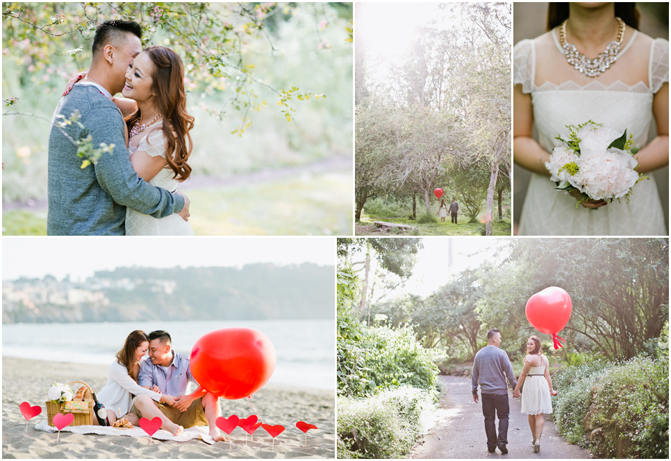 golden gate park engagement session, spring time engagement, flowers, forest engagement, ampersand heart sign, golden light, san francisco engagement, bay area engagement photographer, heart weather balloon, picnic on the beach, golden light, nordstrom dress, peonies, jasmine lee photography