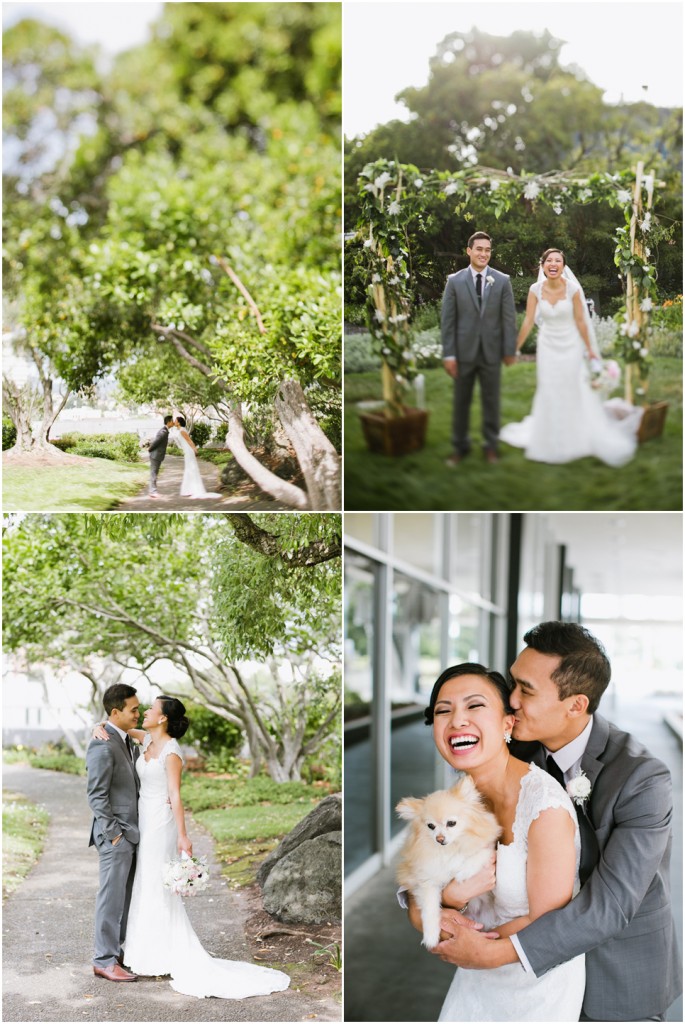 oakland wedding photographer, kaiser roof top garden wedding, oakland, lace details on dress, bride, lace covered back of bride's gown, off camera flash, creative images, happily married, diy arbor, bride and groom with dog, garden wedding, east bay wedding photographer, jasmine lee photography