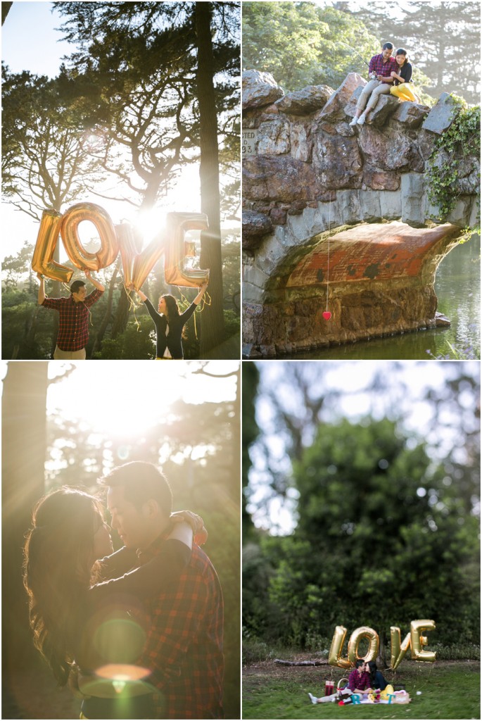 golden gate park engagement session, san francisco engagement photography, whimsical engagement, props, gold letters love balloon, fishing off a bridge, heart rod, golden light, romantic, in the moment, tilt shift, creative engagement photography, picnic theme session, rustic picnic, stow lake engagement, bay area wedding photography, jasmine lee photography